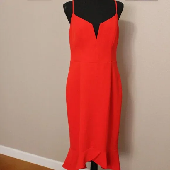 Bardot Womens Kristen Peplum Flounce Dress Red Size 10/L Crepe Lined REVOLVE - Picture 1 of 10